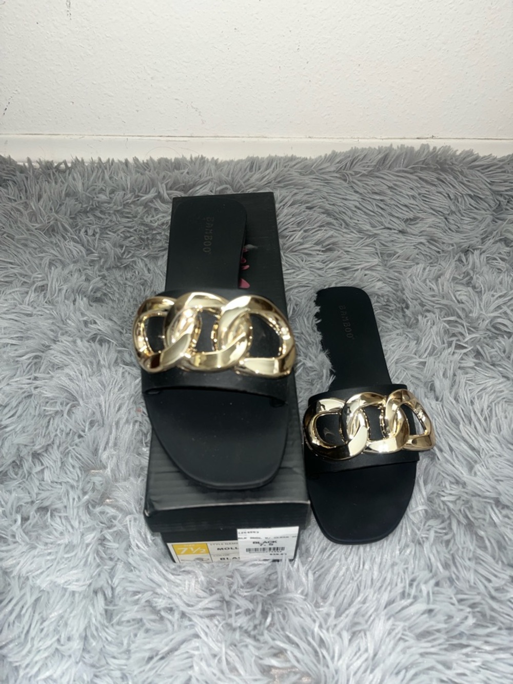 Liliana Black Slide Sandals with Gold Chain Accent